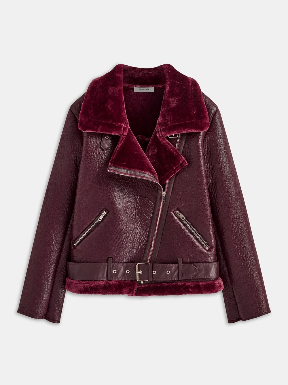 Commense Women’s Burgundy/Brown Vegan Shearling/Leather Moto Jacket - Picture 3 of 16